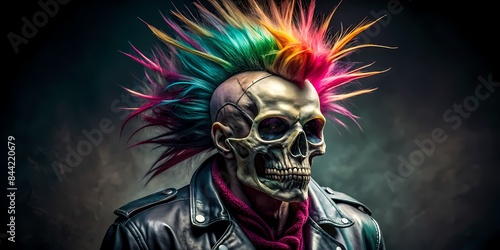 A Skull With A Rainbow Mohawk And A Black Leather Jacket.