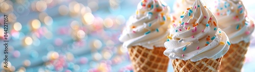 Three waffle cones filled with colorful ice cream, soft focus background.