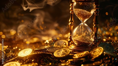 Golden coins and hourglass clock