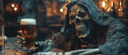 Grim Reaper with a beer, spooky bar setting, Halloween horror theme, skeleton in dark hood 8K , high-resolution, ultra HD,up32K HD