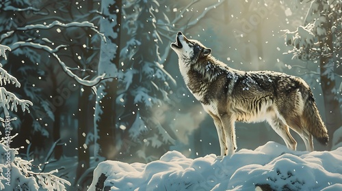 Gray wolf howling in snowy woods