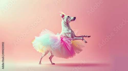 Adorable dog wearing a colorful ballet tutu, striking a pose against a pink background. Perfect for playful and fun themes.