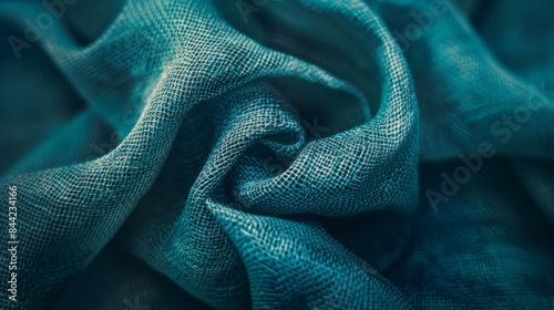 Close-up of teal fabric showcasing intricate texture and folds, ideal for background, textile, and fashion design concepts.