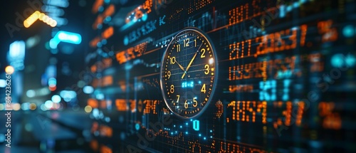 Time and stock market trading, clock on financial data screen, market analysis visuals 8K , high-resolution, ultra HD,up32K HD