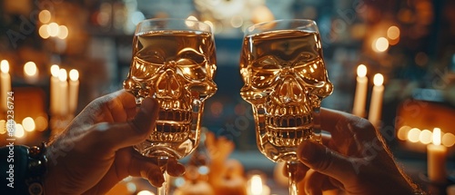 Halloween celebration with skullshaped glasses, toasting in a spooky party setting 8K , high-resolution, ultra HD,up32K HD