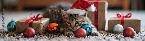 A playful kitten with a cardboard Santa hat, batting at colorful Christmas ornaments on a carpeted floor, with presents wrapped in shiny paper nearby
