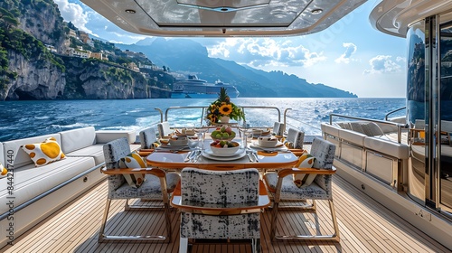 Luxury yacht dining area set for a meal with a breathtaking view of the sea and cliffs under a clear blue sky. 