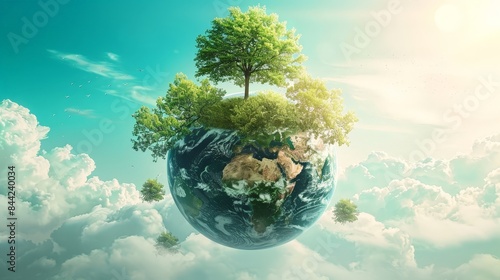 A small, green planet floats in a blue sky with fluffy white clouds. The planet is covered in lush vegetation and a small tree grows from its surface.