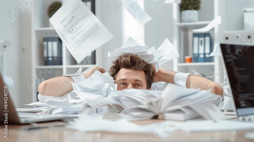 Male employee drowning in paperwork with an expression of desperation, illustrating burnout and stress from numerous tasks and heavy workload