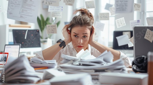 Female employee drowning in paperwork with an expression of desperation, illustrating burnout and stress from numerous tasks and heavy workload