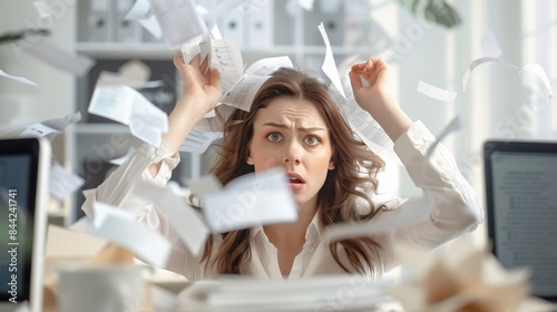 Female employee drowning in paperwork with an expression of desperation, illustrating burnout and stress from numerous tasks and heavy workload
