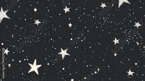 An enchanting white cartoon of twinkling stars in a flat 2d doodle style blinking and scattering glitter across a beautiful black night sky background
