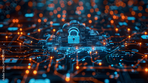 Digital cloud with padlock symbolizing data security and privacy in a high-tech environment. Concept of cybersecurity, protection, and information technology.