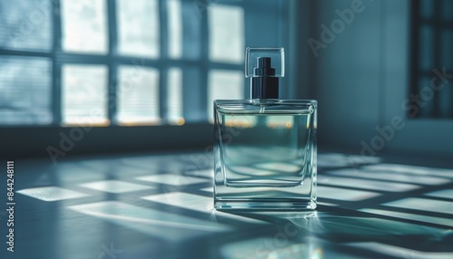 A bottle of cologne sits on a table in front of a window