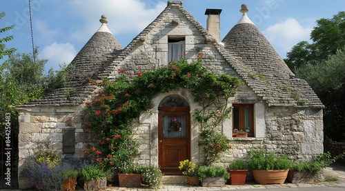 a beautiful house in the shape of a trulli, with flowers. generative AI