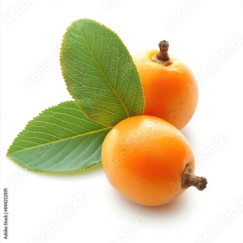 A fresh, juicy loquat with a green leaf, isolated on a white background
