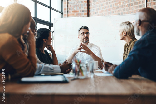 Man, manager and business meeting in boardroom for financial growth with discussion at table. Workers, corporate and workshop with coach or speaker for company planning with teamwork in office.