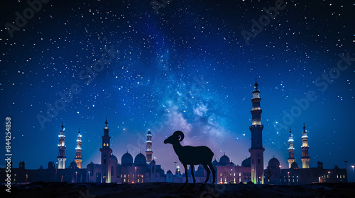 Silhouette of a ram against the starry sky and buildings of a Muslim city during the religious feast of sacrifice Eid al-Adha.