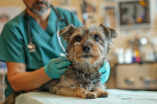 Depict a vet in scrubs and gloves performing a routine checkup on a dog