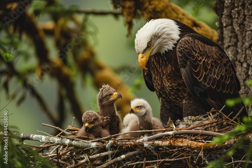 Bald eagle parent feeding eaglets in the nest. Symbolic representation of nurturing instincts and family values