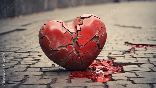 A red stone heart smashed in a cracked concrete ground as a symbol for a broken heart and lovesickness