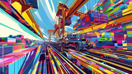Abstract crane driver scene with vibrant colors and fluid lines, containers in motion, Psychedelic, Surreal, Dreamlike Quality