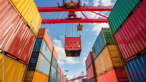 Container being lifted at shipping port front view Cargo handling efficiency digital tone Analogous Color Scheme