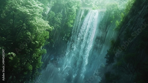 A dynamic and energetic view of a powerful waterfall crashing down into a deep canyon, with mist and spray filling the air and the vibrant green foliage creating a sense of vibrant