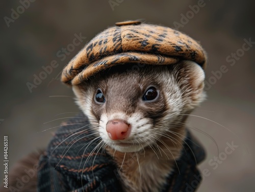 A charming photo of a small anthropomorphic ferret. He is wearing a newsboy cap and has a very long torso masterpiece, ultra-quality, hyperrealistic, RAW photo, highly detailed, 4k, medium shot,