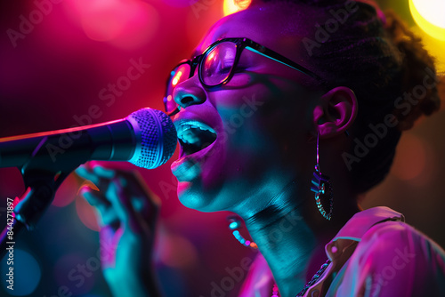 Talented Female Singer Performing Live on Stage with Vibrant Lighting
