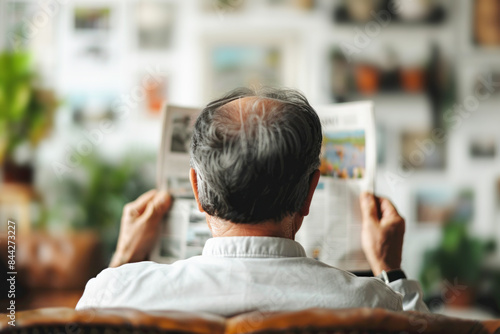 Senior man reading newspaper in living room