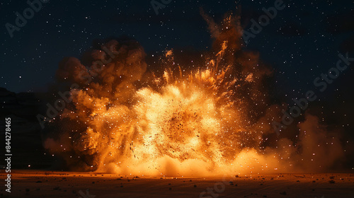 A large explosion is shown in the dark sky