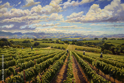 A painting of a vineyard with a man walking through the rows of vines