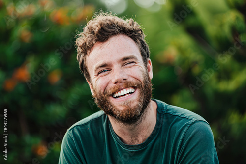A man with a beard is smiling and wearing a green shirt