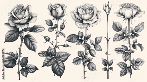A collection of rose foliage in black and white, with a botanical illustration of a blooming spring garden.