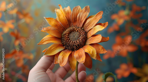 Sunflower, holding one in its hand, side view, detailed petals and texture, lifelike tone, Analogous Color Scheme