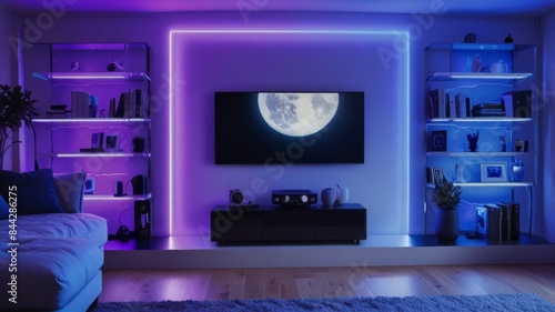 realistic Design a living room. YouTube studio background. YouTube thumbnail background with a it RGB purppurple light setup, new gadgets, youtube silver button and soft and hard light one sile blue 