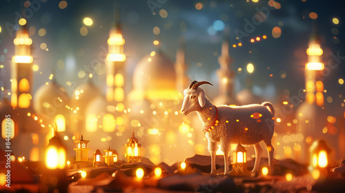 Eid al adha greeting poster with islamic mosque and goat
