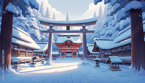 Snow-covered Shinto shrine, peaceful winter, anime style, wide-angle shot