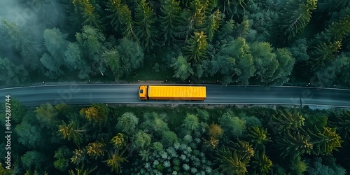  Aerial view of yellow heavy truck on a narrow twisting road through forest area