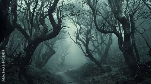 Eerie trees in a dark forest that look like they are whispering secrets in shadows.