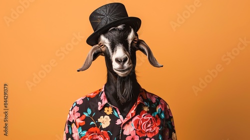 A dapper goat wearing a floral shirt and bowler hat, exuding charm and sophistication with every step.