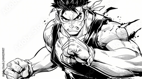 Fighter boxer man Manga line art black and white Anime style illustration, Anime background, Lo-fi art