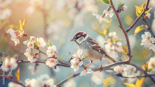 Sparrow apricot branch spring nature close up. Sparrow bird sitting on apricot branch spring nature close up