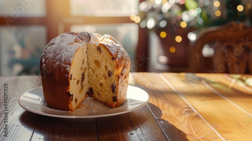 Panettone presented on a white plate a slice cut to the side placed on a wooden table with a light shining across room for text