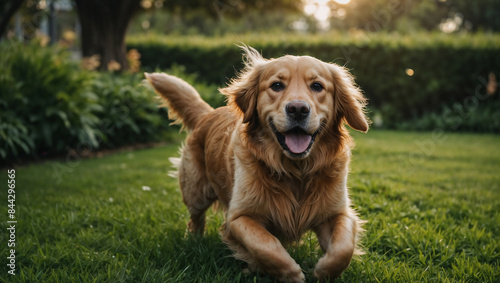 Cane di razza Golden retrive corre felice in un prato verde