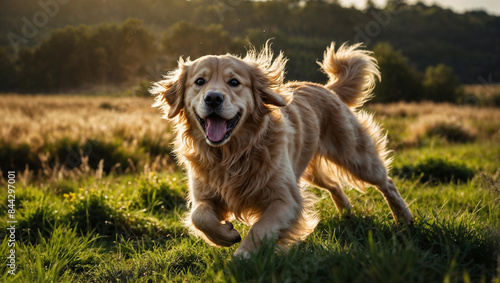 Cane di razza Golden retrive corre felice in un prato verde al tramonto