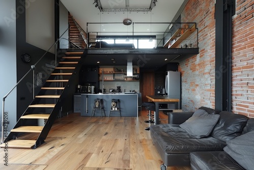 An urban loft apartment showcasing an open floor concept with a living area, kitchen, and mezzanine level