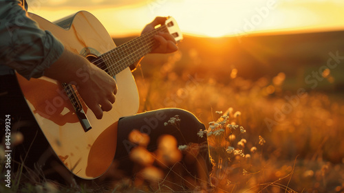 Young guitarist playing acoustic guitar and enoying the sunset.Learning to play an instrument.Singer-songwriter in nature searching for inspiration in nature.Musical therapy