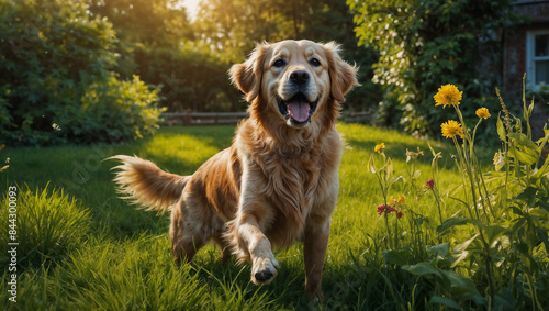 Cane di razza Golden retrive corre felice in un prato verde
